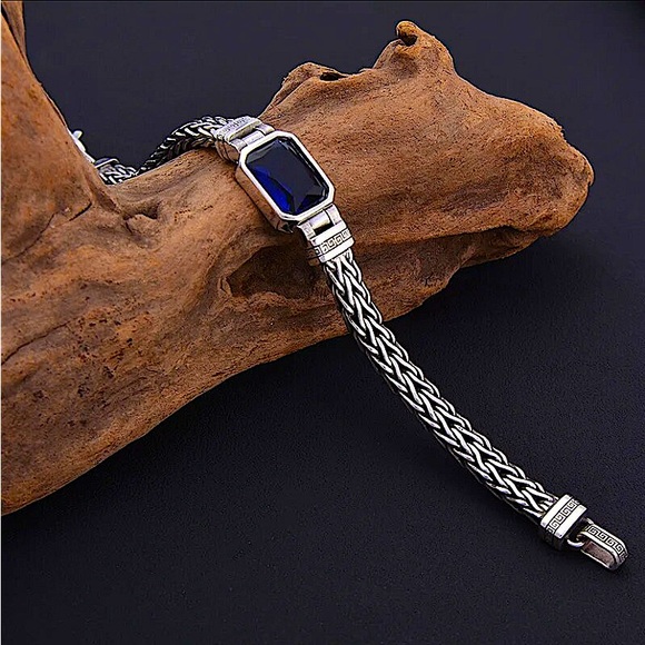 Sterling Silver Blue Zircon Braided Bracelet, Unisex, Handmade - Picture 7 of 15